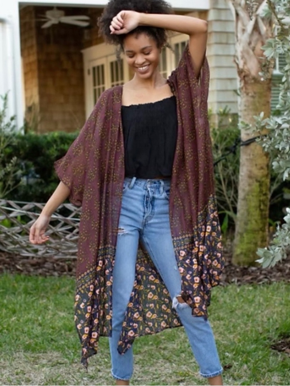 NATURAL LIFE Plum Floral Border Kimono Wrap